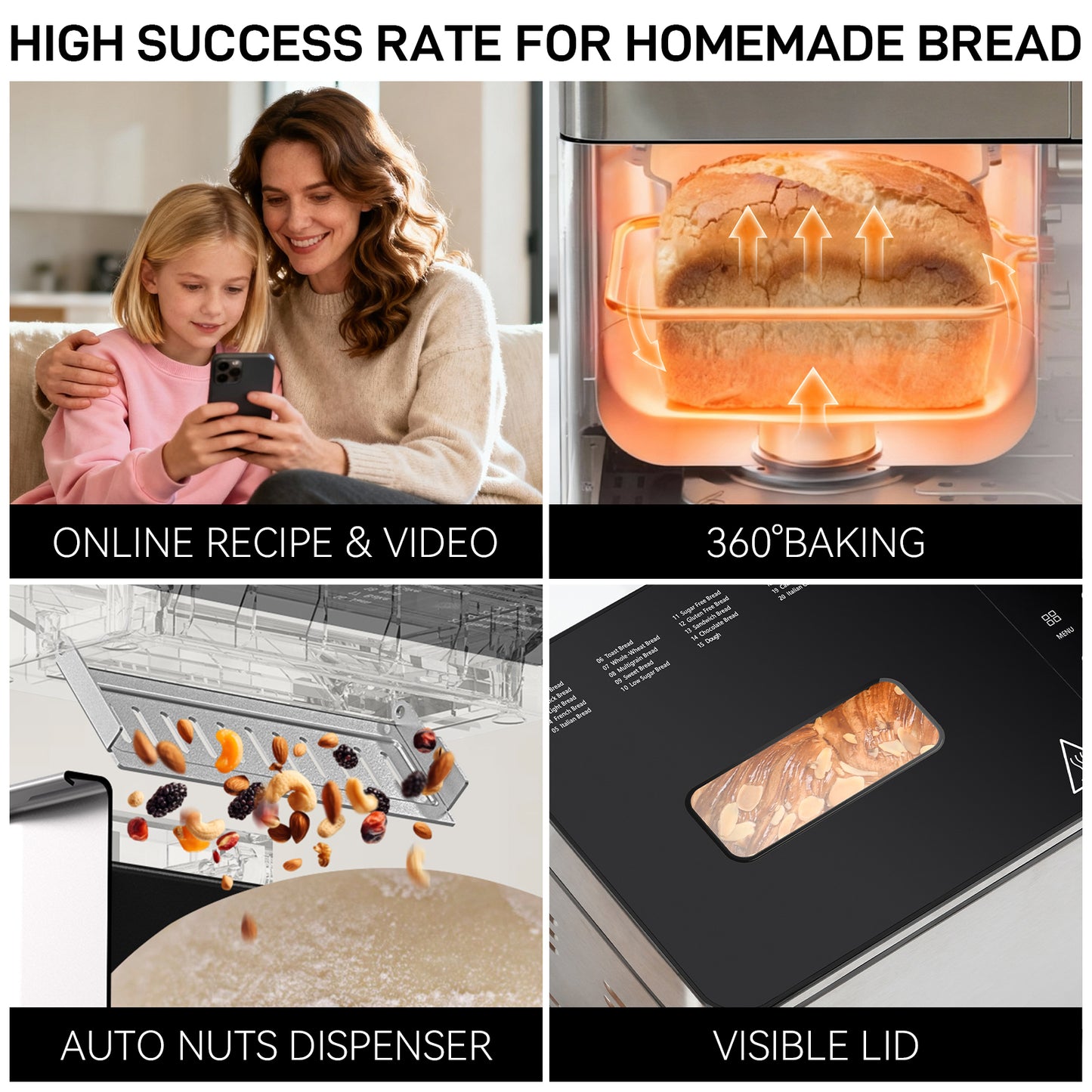 25-IN-1 Bread Maker with Recipes, 2lb Automatic Bread Machine with Visible Lid, Automatic Nut Dispenser/One-Touch Control/13 Hours Delay Timer, Easy to Begin and High Success Rate for Homemade Bread